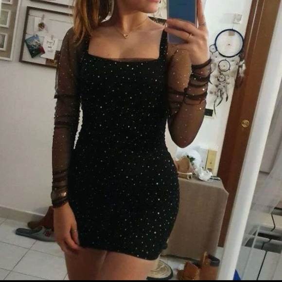 A6 - 311 Double crazy size med black long sleeve sheer & mesh rhinestone dress - Picture 9 of 15